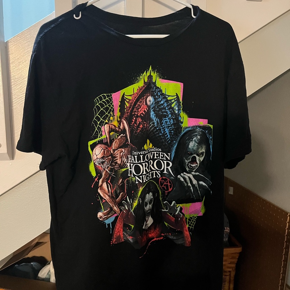 Universal Halloween horror nights, 2024 Black unisex Tee with Halloween Graphics
